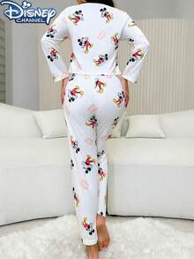 Disney 2 piezas Conjunto de pijama de mujer con diseño de dibujos animados lindos, 1 top de manga larga con cuello redondo con estampado total y 1 pantalón, cómodo y holgado, adecuado para primavera, verano y otoño - Blanco - Ver 2