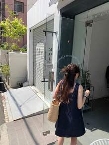 Đầm denim không tay cổ vuông thiết kế tối giản kiểu Hàn Quốc - Màu xanh lam - Xem 3