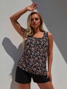 2026 New Fashion Swimsuit Women's Black Floral Print Plus Size Tankini + Boyshort Set For Sweet Style, Fresh & Slim Fit - Multicolor - View 8