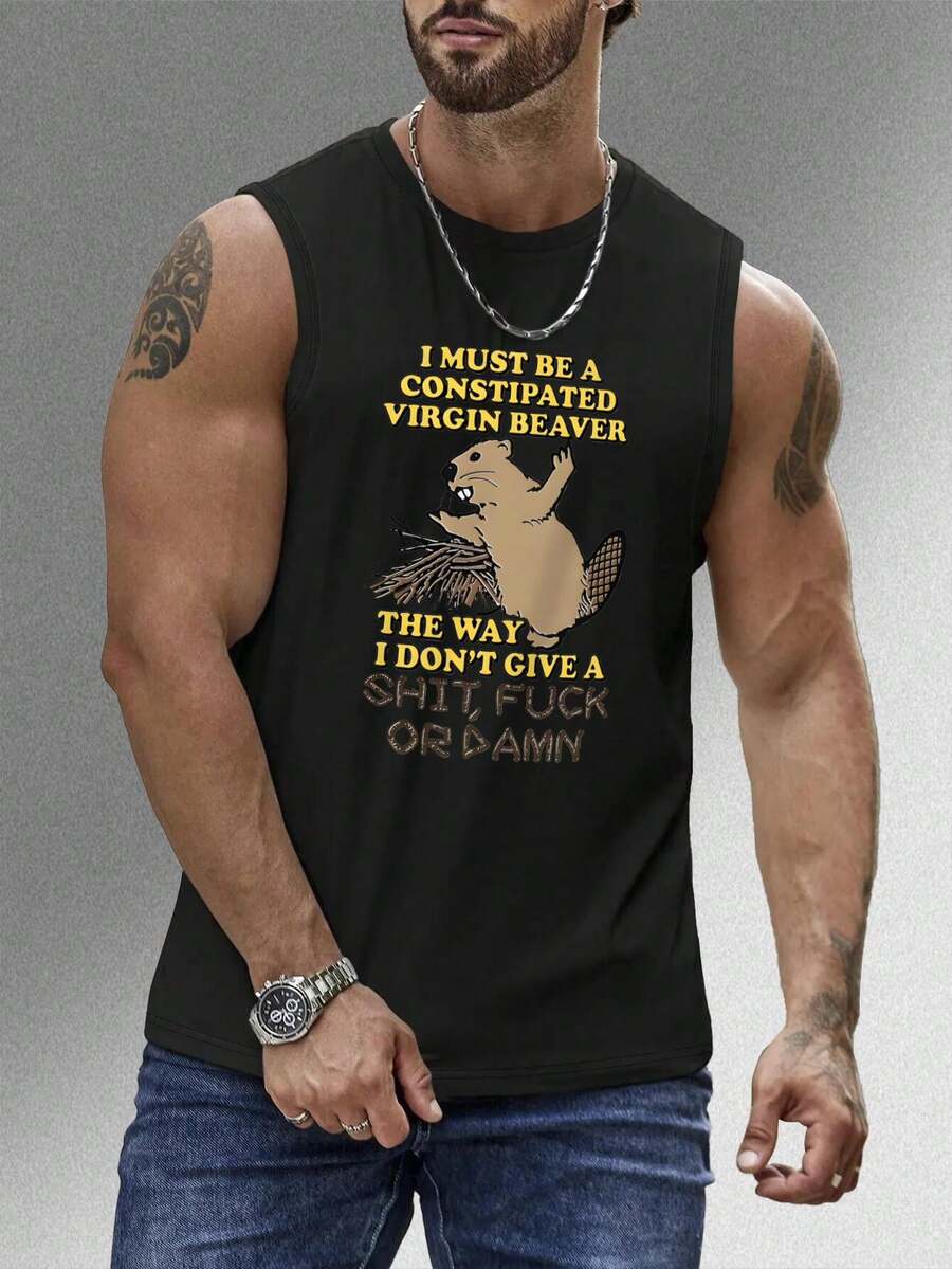 1PC Men's Vest With "I MUST BE A CONSTIPATED VIRGIN BEAVER THE WAY I DON'T GIVE A ,  OR DAMN" Print Design, 180g Pure Cotton Vest, Seamless, Sweat-Wicking, 100% Cotton, Loose American-Style Tank Top For Sports And Fitness. - 黑色 - 查看 1