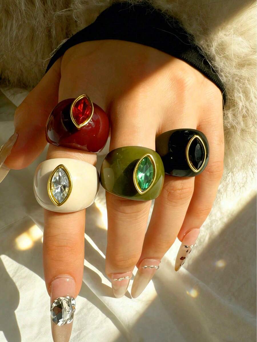 Set de 4 anillos de resina con diseño geométrico de moda, diseño minimalista único con rhinestones en negro, rojo, verde y blanco, adecuado para uso diario, festivales y fiestas - Multicolor - Ver 1
