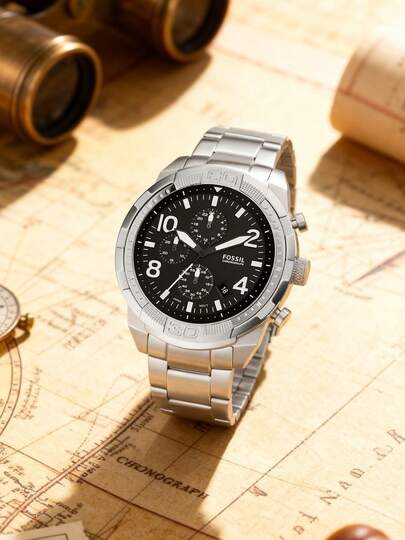 Fossil Reloj casual de negocios para hombres, correa de metal plateado, esfera negra, decoración de múltiples esferas, reloj de pulsera de cuarzo, versátil para uso diario de negocios