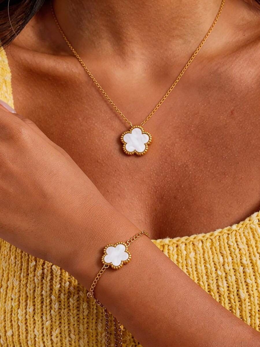 1Pc Or 1Set Elegant Five Leaf Clover Necklace & Bracelet Jewelry Set, 18K Gold Plated Stainless Steel Necklace & Bracelet, Women's Jewelry Set, Lucky Charm Jewelry For Daily Wear, Valentine's Day Gift, Mother's Day Gift - Five-leaf Clover - View 1