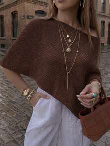 Y2K Style Summer Yellow Casual Knit One-Shoulder Top, Asymmetrical Beach Cover-Up, Suitable For Vacation & Outings - Brown - View 3