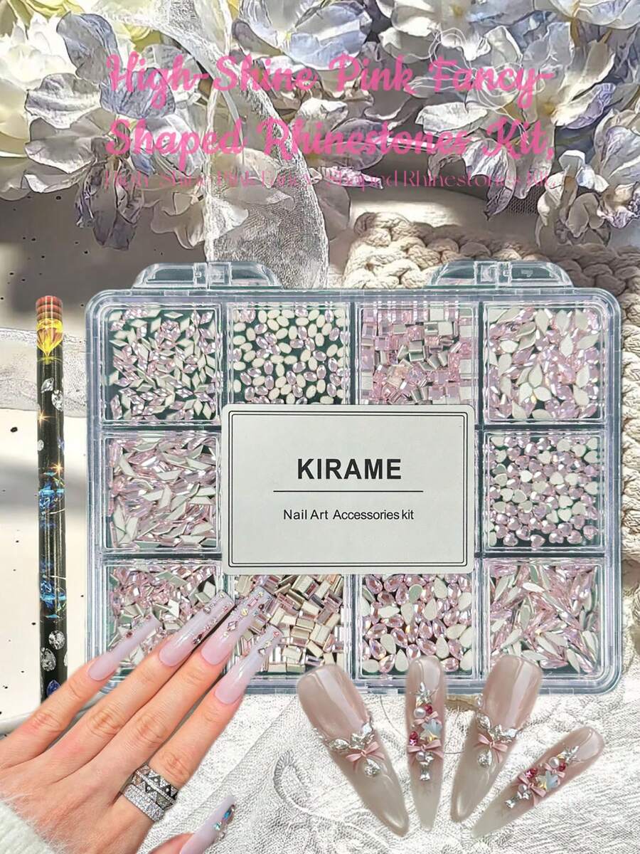KIRAME 1200颗平底粉色水钻美甲套装 - 12款DIY美甲套装，含一支点钻笔，3-6毫米闪亮美甲宝石，适用于美甲沙龙、美甲用品供应商，圣诞节、新年、节日礼物