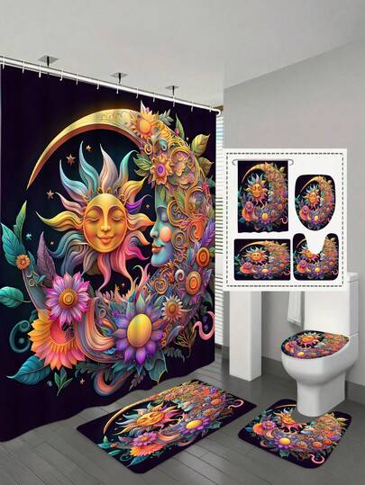 Bohemian Style Sun And Moon Themed Waterproof Bathroom Shower Curtain Set, Home Decor Bathroom Shower Curtain Set With 12 Hooks, Toilet Seat Cover, Non-Slip Bath Mat Carpet, Polyester Washable Window Curtain, For Bathroom Accessories