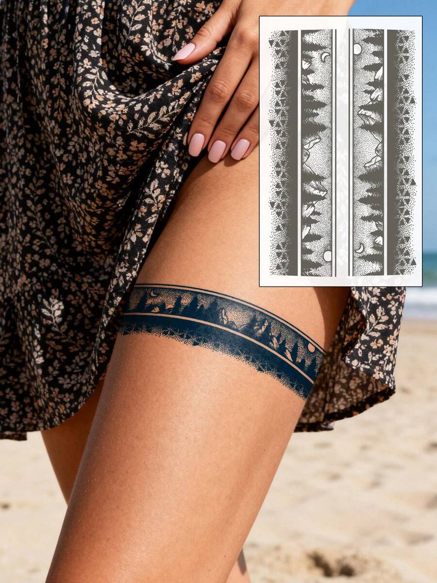 Semi-Permanent Herbal Juice Magic Tattoo, Simple Tattoo, Black & White Forest Mountain Sun & Moon Pattern, 7-14 Days Waterproof Non-Reflective Arm Band, Ankle, Thigh Body Tattoo Sticker, 1 Sheet - Blue - View 1