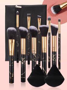 13pcs Travel Makeup Brush Set, Includes Marble Patterned Multi-Purpose Face Brushes, Double-Sided Soft Fan Powder Puff, Minimalist Large Capacity Zipper Storage Bag, Complete Holiday Makeup Essential Tools - Black - View 3