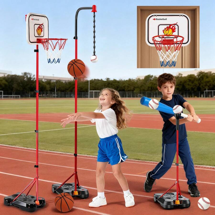 Canasta de baloncesto y juego de béisbol ajustables para niños (125-181 cm), cuatro modos de juego, base estabilizadora que se puede llenar con agua, apto para actividades de baloncesto para niños de 2 a 12 años.