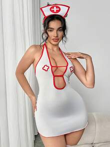 cimmuovere 大码女士性感镂空系带蝴蝶结角色扮演内衣连衣裙（仅连衣裙）白色春季款 - 白色 - 查看 5