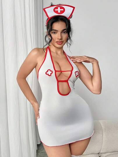 cimmuovere Đầm cosplay gợi cảm dành cho nữ cỡ lớn, kiểu dáng khoét lỗ, thắt nơ, màu trắng, màu xuân.