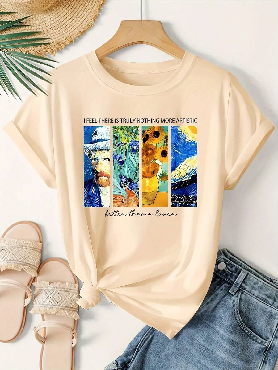 An Elegant Women'S T-Shirt Featuring A One-Piece Van Gogh Oil Painting Design, With English Letter Slogans And Impressionist Prints, Perfect For Spring And Summer Sports Vacations. This Casual And Stylish Vintage Top Is Loose-Fitting And Flattering Oversized Graphic Tee,Ladies Cute Egg Graphic Casual Crew Neck Tee,Women's Y2K Aesthetic Print Short Sleeve Top - 杏色 - 查看 1