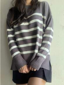 Striped Long-Sleeved Knit Sweater Top, Warm And Comfortable. - Grey - View 5