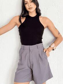 Women's Elegant Tailored Loose Fit Premium Shorts With Pockets, Marrant Fabric - 灰色 - 查看 6