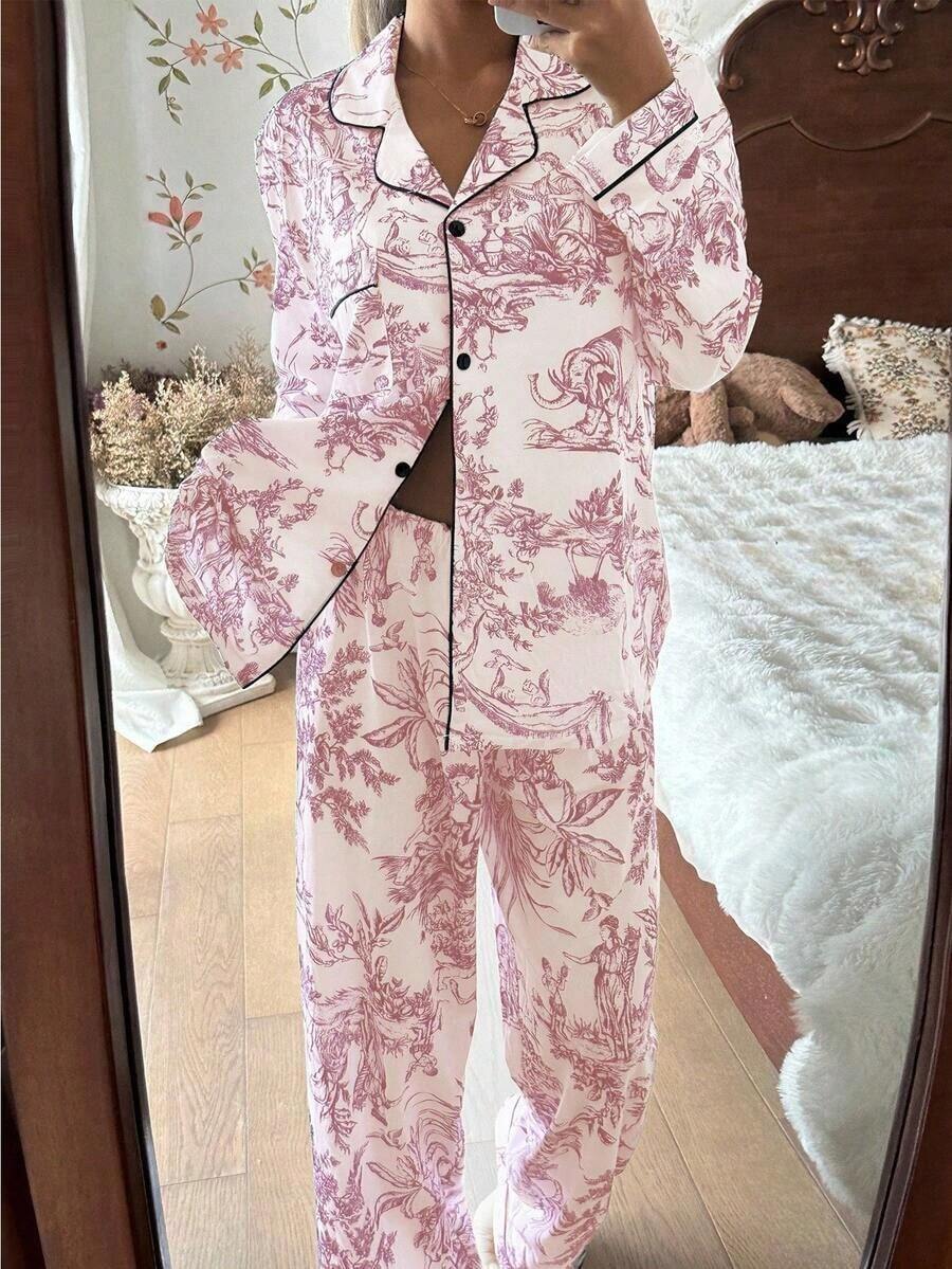 Style Landscape & Figure Printed Long Sleeve Top & Pants Pajama Set With Collar, Fall Winter Clothes - Pink - View 1