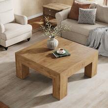 LITTLE TREE 39.37-Inch Square Coffee Table For Living Room, Farmhouse Low Large Center Tea Accent Table With Sturdy Legs, Easy Assembly - 淺棕色 - 查看 4