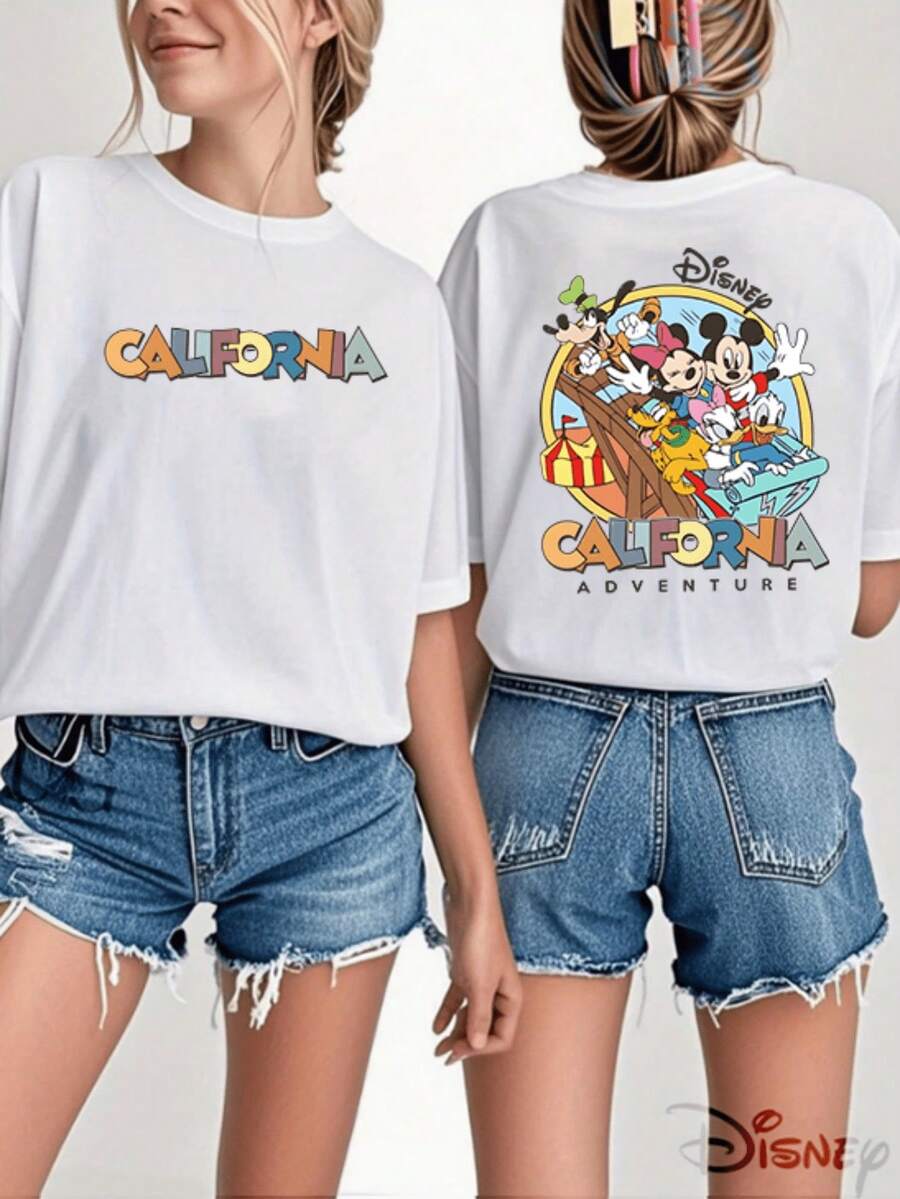 Disney Women'S Short-Sleeve Top Features A Versatile Round Neck Design With A Printed Disney Roller Coaster Graphic On The Front And Back. Made From 100%, It Is Machine Washable And An Essential Piece For Spring And Summer - White - View 1