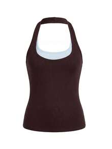 Women Tank Tops Halter Neck Sleeveless Contrast Color Fake Two-Piece Summer Slim Fit Vest - Brown - View 8