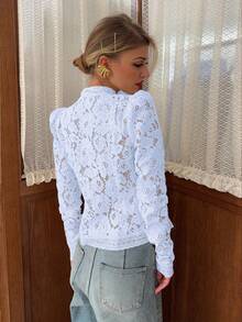 Women's Elegant White Semi-Sheer Blouse With Stand Collar And Long Leg-Of-Mutton Sleeves Regular Fit Button Details Woven Fabric Non-Stretch Top - Baby Blue - View 5