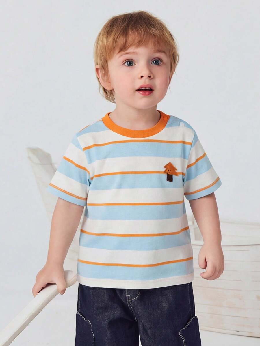 mini bala Áo thun ngắn tay kẻ sọc 100% cotton cho trẻ em, áo kiểu dáng thoải mái, thoáng khí, phối màu dành cho bé vào mùa hè. - tông màu xanh trắng - Xem 1