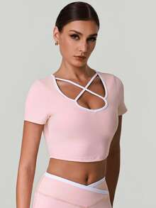 Women's Summer Color Block Low-Neck Crossover Straps Short-Sleeve Crop Top T-Shirt With Chest Pads For Yoga Pilates Fitness Running Sports - Pink - View 9