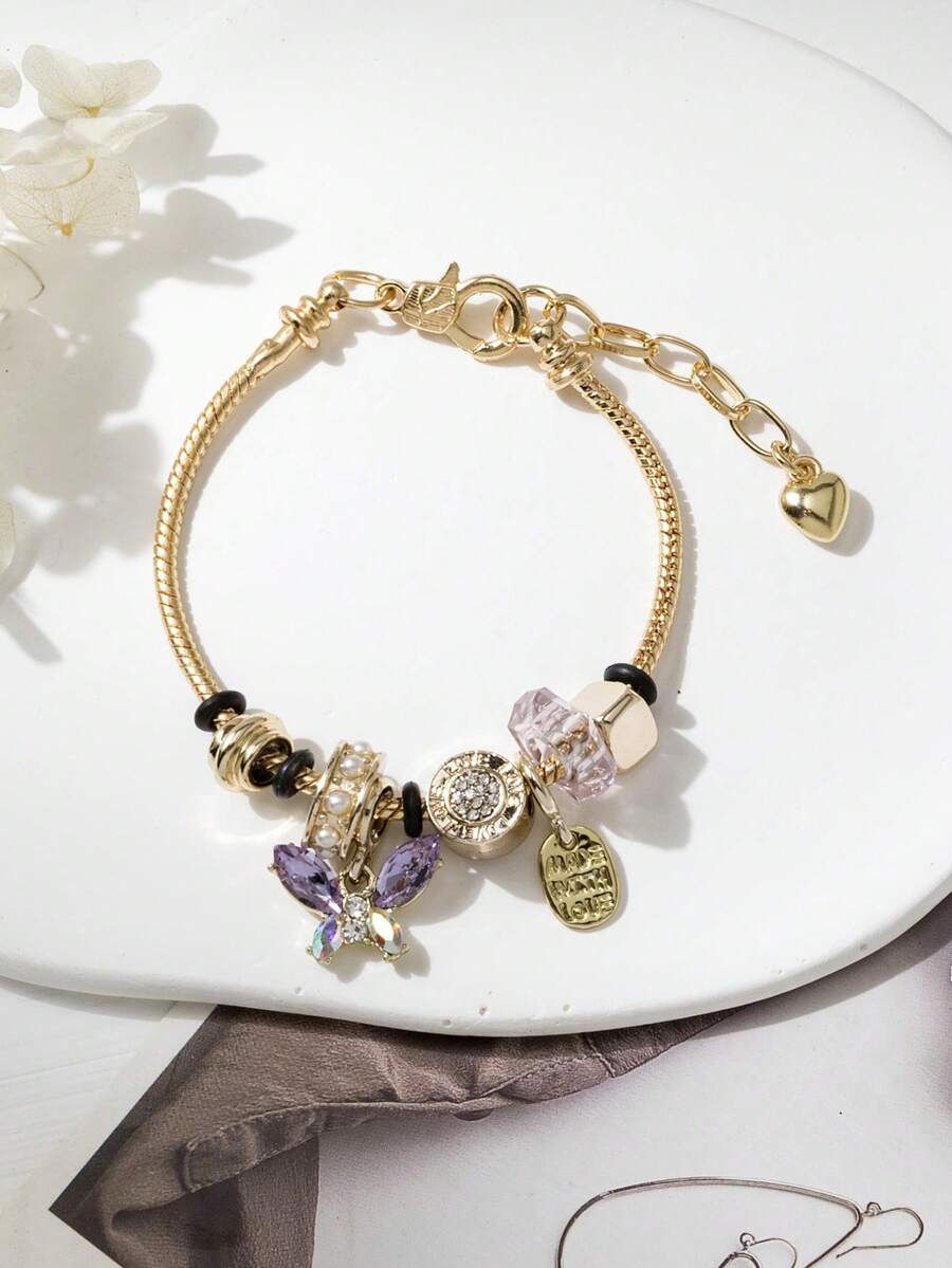 1pc Women's Adjustable Bracelet With Multi-Color Heart & Butterfly Pendant (Rhinestone Position Random) - Purple - View 1