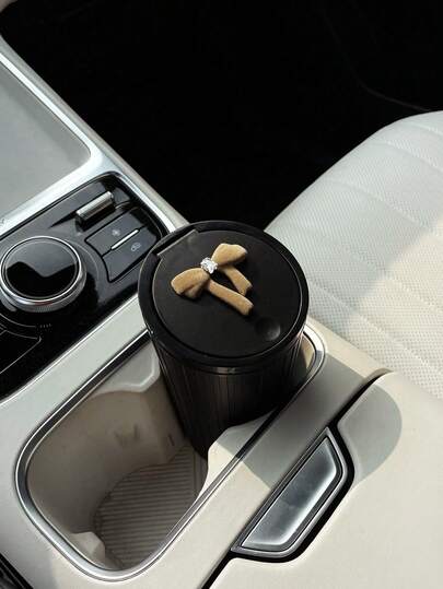 Cute Bow Mini Trash Can Car Cup Holder Trash Can, Plastic Flip Cover Storage Box, Exquisite And Beautiful Car Interior Accessories