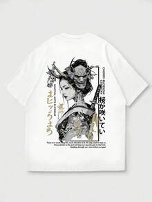 T-shirt graphique FRACTYR pour hommes avec masque de Geisha japonaise Hannya, mode de rue décontractée d'été à manches courtes, imprimé recto-verso, art de samouraï fantasy sombre dans le style Harajuku, coton confortable - Blanc - Voir 5