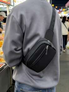 男士休闲胸包/单肩包，轻便斜挎包，适合旅行、运动、日常使用 - 黑色 - 查看 3