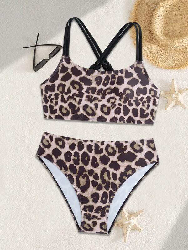 Conjunto de bikini de punto con estampado de leopardo para niñas preadolescentes, diseño de tirantes cruzados, moda europea y americana, adecuado para natación y playa en verano