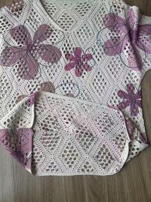 Women's Hollow Floral Print V-Neck Loose Knit Sweater Vacation - Purple - View 5