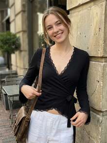 Womens Wrap Tops Long Sleeve V Neck Solid Color Tie Side T-Shirts Spring Summer Blouses - Negro - Ver 3