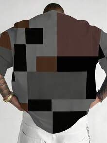 Plus Size Men's Geometric Patchwork Short Sleeve T-Shirt | Brown, Black, BIG&TALL Loose Top Sports - Multicolor - View 2