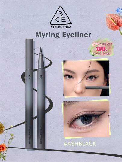 3CE Myring Eyeliner Pen ASHBLACK, Precise Liquid Eyeliner 0.5ml, Intense Carbon Black Pigment, Smooth Application, Waterproof And Smudge-Proof, Quick-Drying Matte Finish, Long-Lasting Wear, Fine Tip For Precise Lining, Korean Cosmetics Essential, Korean Beauty