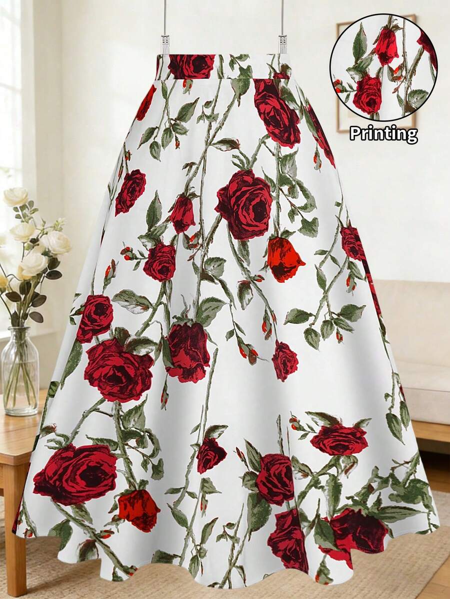 Plus Size Floral Mid-Length Skirt, Red Rose Pattern, Bell-Shaped Woven ...