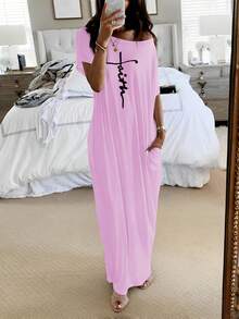 ChicMe Đầm maxi nữ không tay, in chữ, dáng rộng, có túi, thích hợp mặc hàng ngày. - Màu tím hoa cà - Xem 4