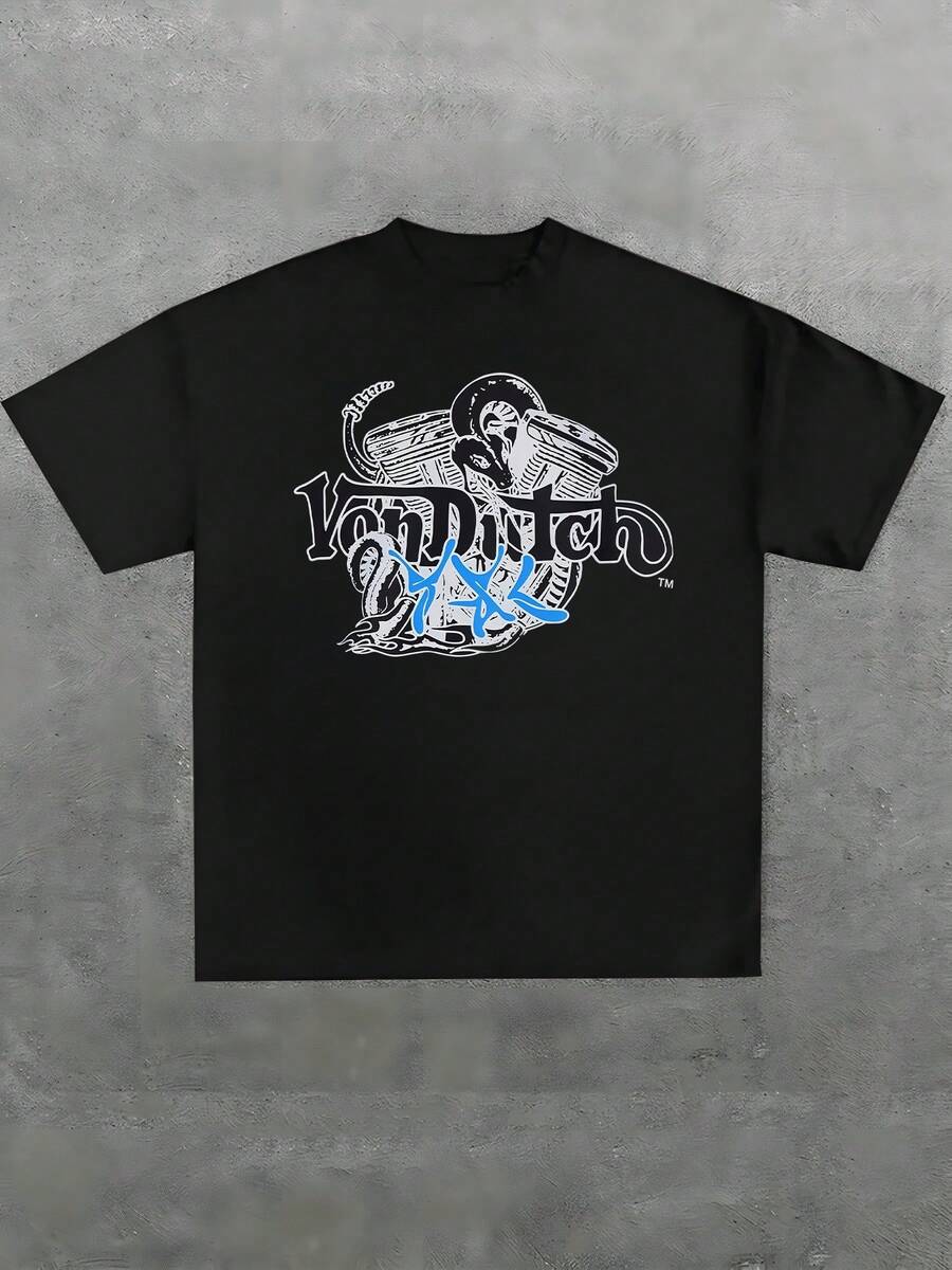 Size Plus 1pcs Snake And Engine Print T Shirt Garage Culture 100% Cotton T Shirt Streetwear Casual Round Neck Short Sleeve Men's Graphic Tee Vintage They Are Excellent Gifts For Friends And Family - Black - View 1