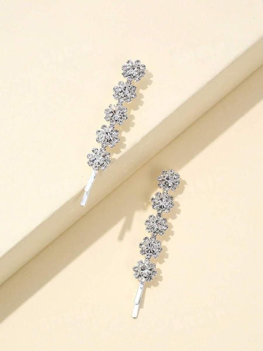 2pcs/Set Crystal Flower Shaped Hair Clips, Suitable For Daily Wear - Silver - View 1