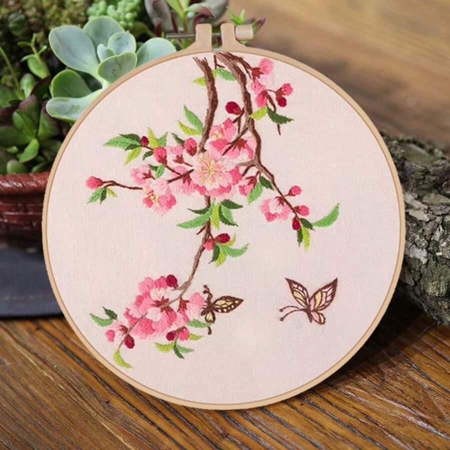 1 Set Pink Flower & Butterfly Embroidery Kit, DIY Embroidery Materials And Tools With Embroidery Hoop, Creative Handcraft Embroidery Set, Basic Embroidery Practice Kit, Suitable For Adult Beginners, Arts & Crafts Gift - Multicolor - View 1