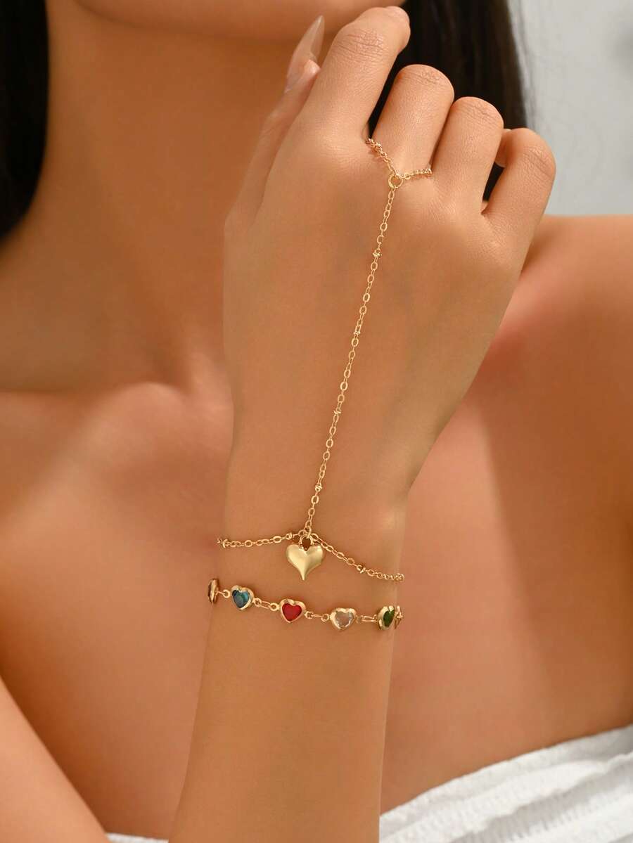 2pcs/Set Elegant Fashion Colorful Heart Rhinestone Bracelet, Charming Alloy Heart Pendant Jewelry, Adjustable Length Bracelet Suitable For Daily Wear, Party, Music Festival, Photo Shoot. The Color Of Heart Rhinestones Is Random. - Multicolor - View 1