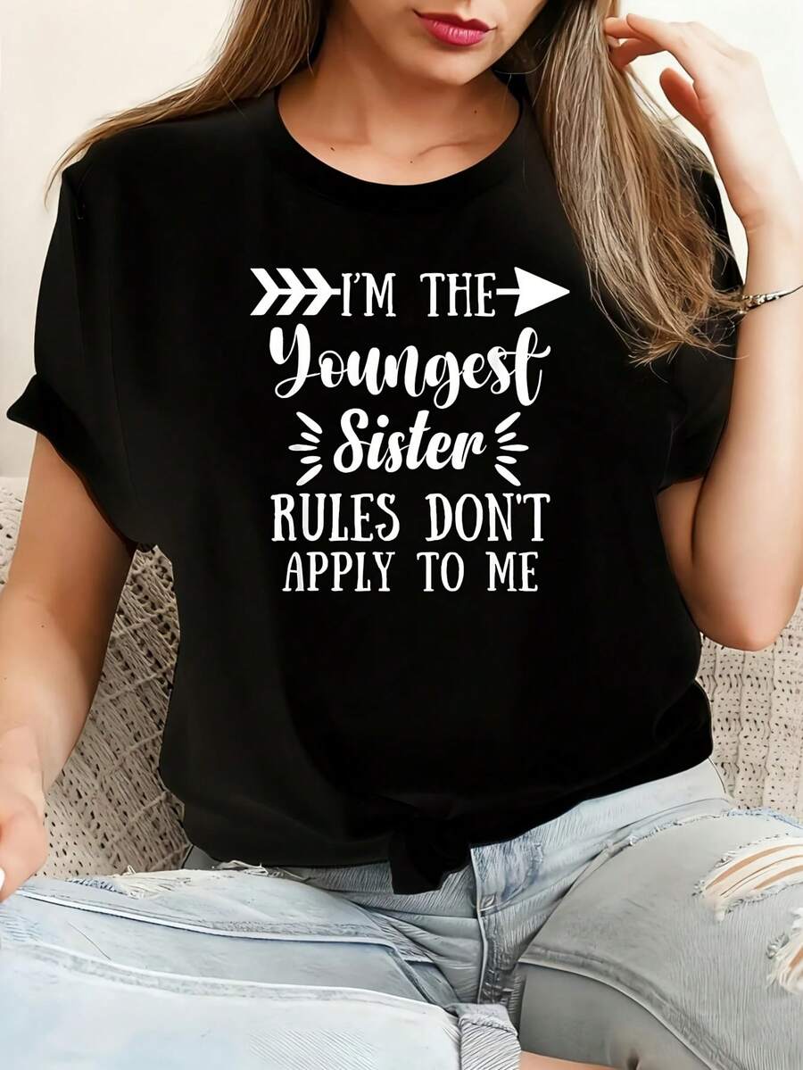 Rules Don't Apply To Me Youngest Sister 3 Sisters Matching Camiseta de algodón 100% femenino camiseta Casual 220g Funny Graphic Short Sleeve 1 PCS Tee Novelty Crew Neck Oversized Top - Negro - Ver 1