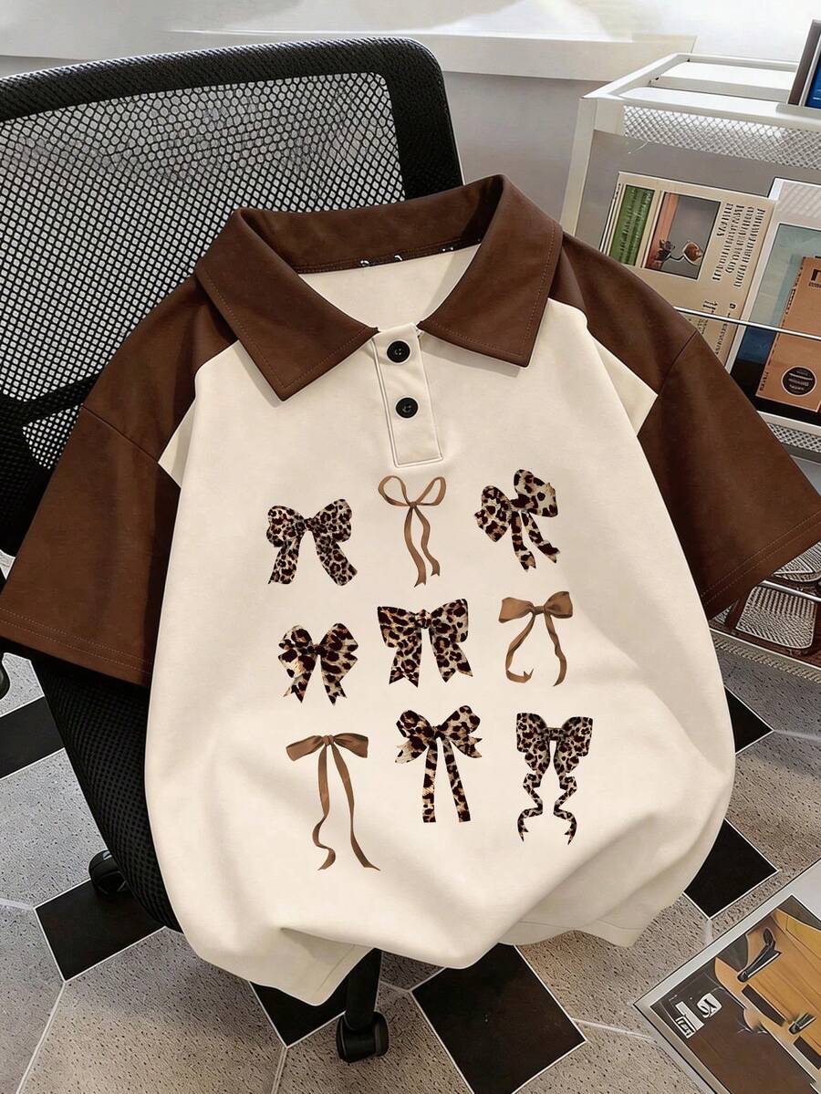 時尚休閒豹紋蝴蝶結 Polo 領 T-shirt,適合春夏,女孩風格 - 棕色 - 查看 1