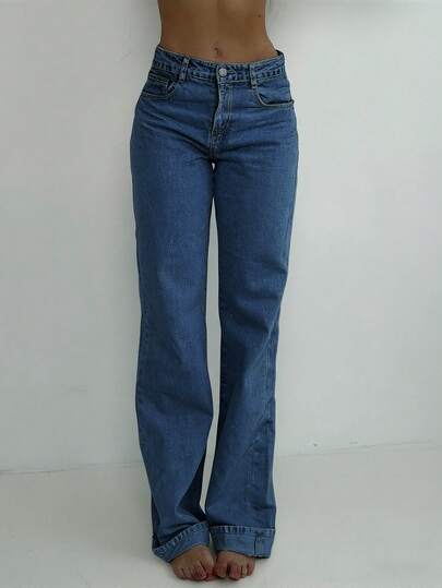 Quần jeans nữ ống rộng cạp trung, kiểu dáng Y2K, màu trơn, thích hợp cho phong cách đường phố và mặc hàng ngày vào mùa xuân.