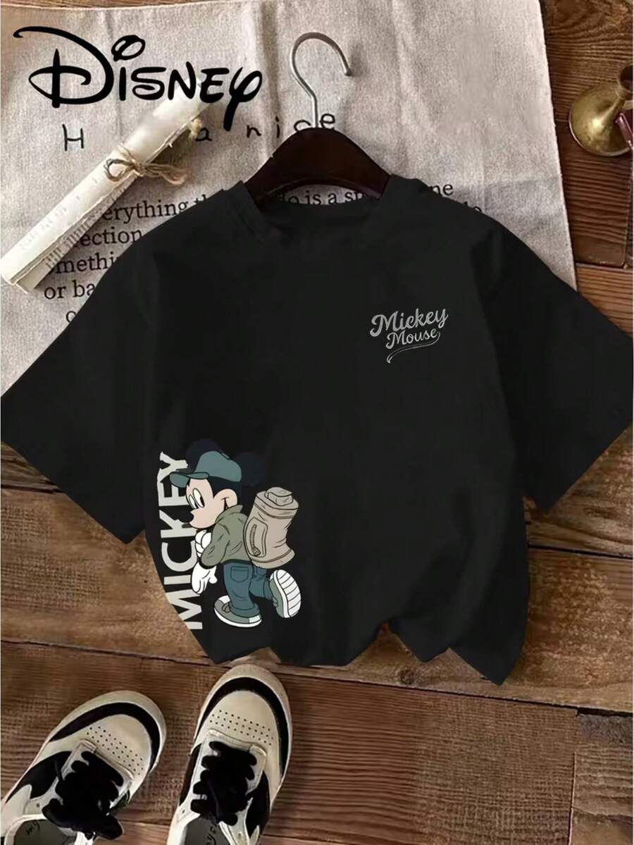 Cartoon Character Mickey Mouse With Spray Cans Street Art Pattern Disney And Mickey Mouse Text Logo Disney Summer New Short-Sleeved T-Shirt Blouse Ladies Casual Fashion Printed T-Shirt Ladies Elegant Women's Clothing. - Black - View 1