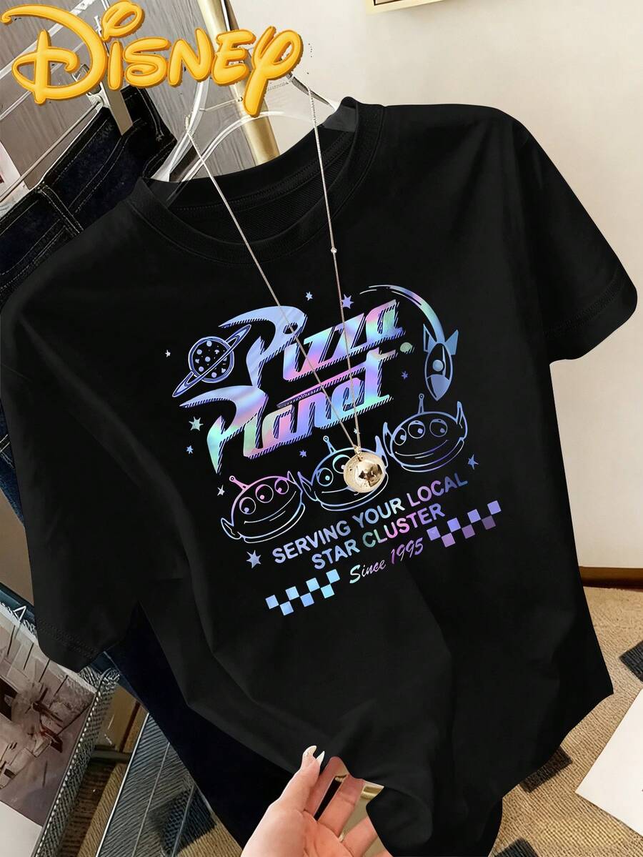 Disney's Genuine Authorization, Toy Story Pizza Planet Pattern Ladies 100% Cotton T-Shirt-Creative And Durable Cartoon Printing, Breathable Light Fabric, Regular Round Neck Summer Street Casual Shirt, Disney Shirt, Holiday Gift, The Same For Men And Women, Relaxed And Relaxed. - 黑色 - 查看 1