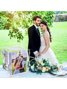 Rotating Acrylic Wedding Card Box With Photo Frame - 11" Clear Money Gift Holder With Lock For Reception, Baby Shower, Graduation Party Decor (9.1x8.7x11 In) - 丙烯酸纖維 - 查看 8