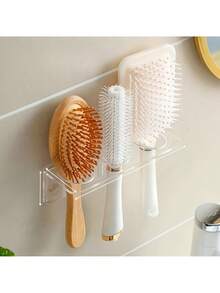 1 pieza Estante de almacenamiento de baño transparente de acrílico con 2/3 agujeros, soporte de pared para cepillos, organizador de tocador sin taladro para almacenar peines y artículos de tocador, soporte para peines y cepillos - 2 agujeros - Ver 5