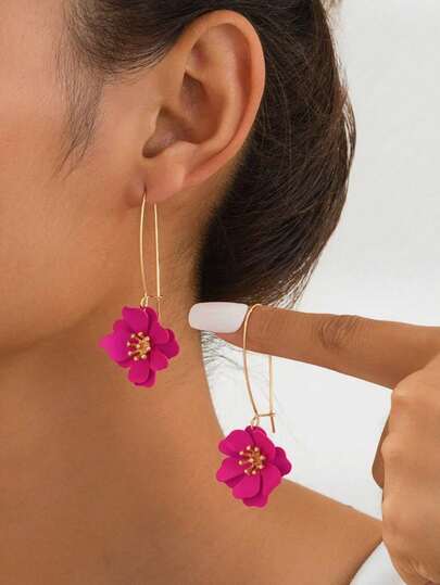 1 Pair Vibrant Fuchsia Floral Unique Design Drop Earrings For Women