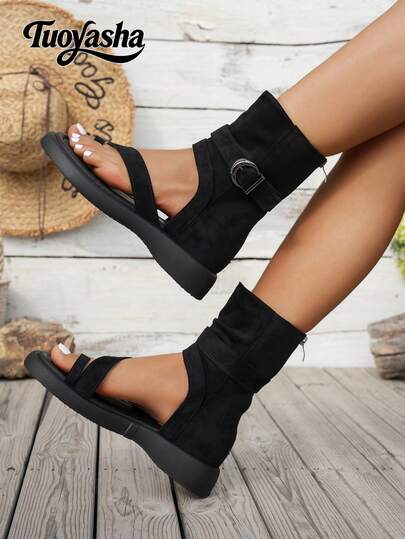 新款时尚金属扣装饰坡跟露趾凉鞋，舒适休闲百搭，适合日常穿着