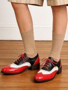 Comfortable Womens Classic Oxfords Lace Up Chunky Heel Oxfords Business Formal Wingtip Brogue Dress Shoes For Women - Red - View 7